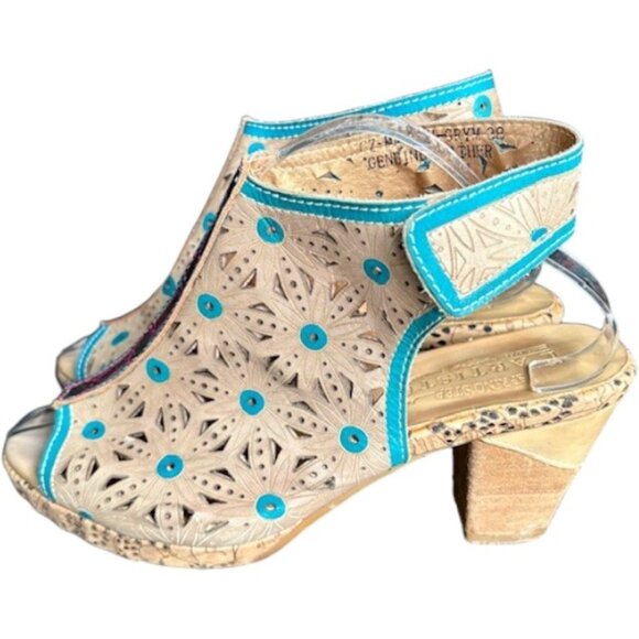 Spring Step L' Artiste Marjan Graym Floral Leather Sandals - Tan/Blue - EU 38 - Picture 2 of 12
